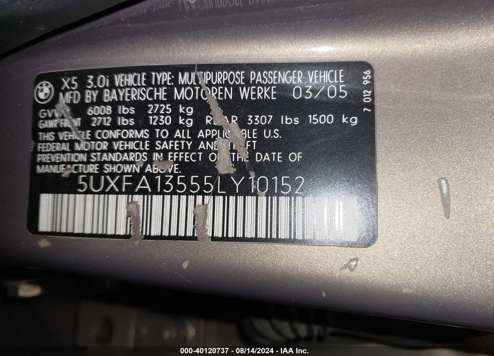 2005 BMW X5 3.0I VIN: 5UXFA13555LY10152