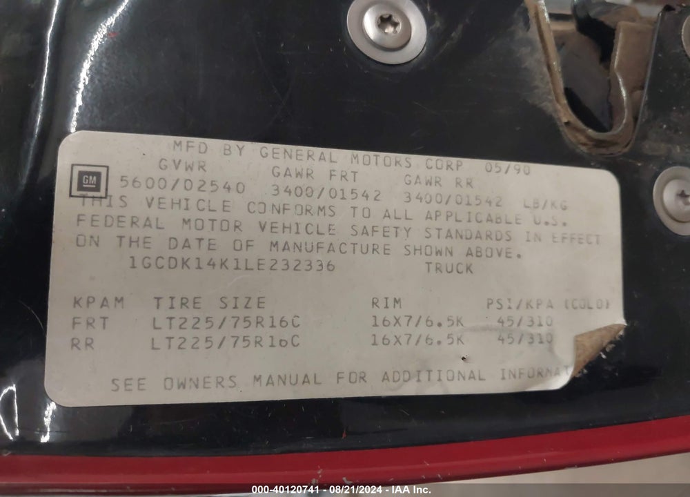 1990 CHEVROLET GMT-400 K1500 VIN: 1GCDK14K1LE232336
