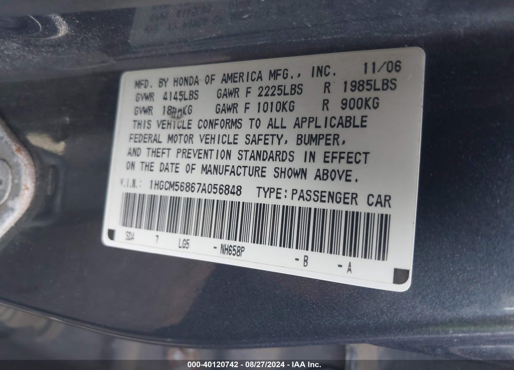 2007 HONDA ACCORD 2.4 EX VIN: 1HGCM56867A056848
