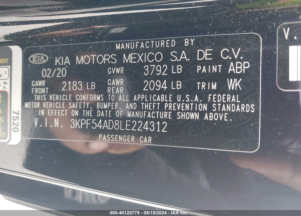 2020 KIA FORTE EX VIN: 3KPF54AD8LE224312