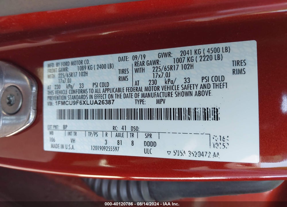 2020 FORD ESCAPE S VIN: 1FMCU9F6XLUA26387