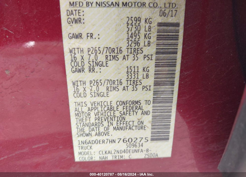2017 NISSAN FRONTIER SV VIN: 1N6AD0ER7HN760275