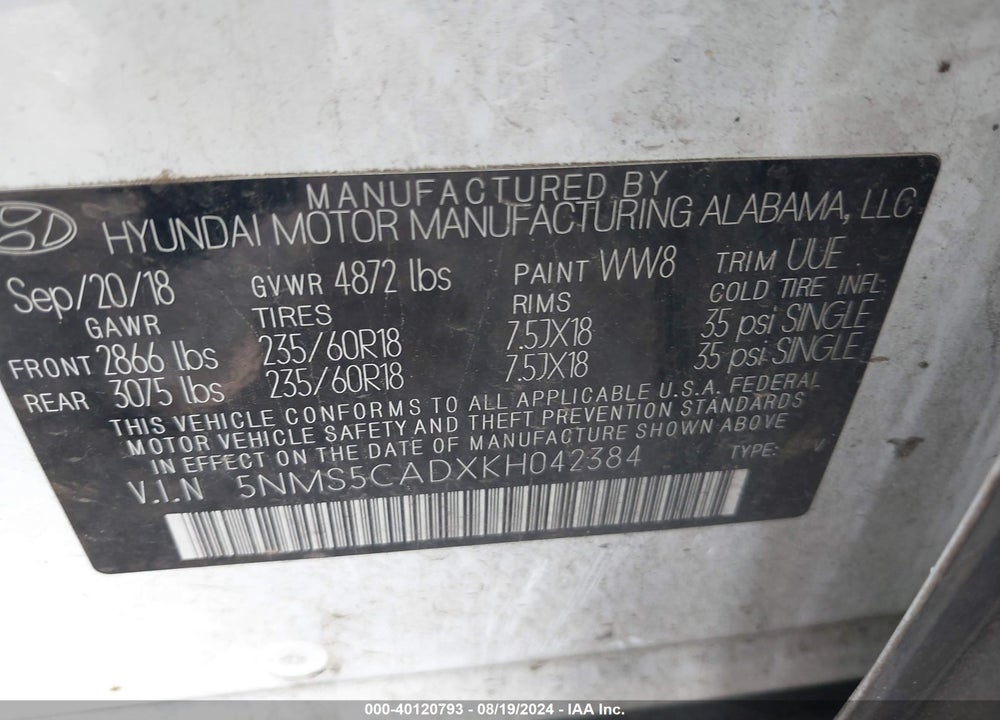 2019 HYUNDAI SANTA FE LIMITED VIN: 5NMS5CADXKH042384