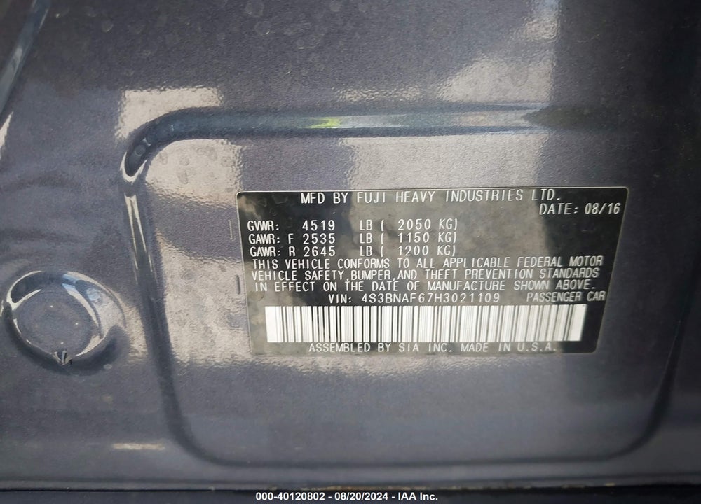 2017 SUBARU LEGACY 2.5I PREMIUM VIN: 4S3BNAF67H3021109