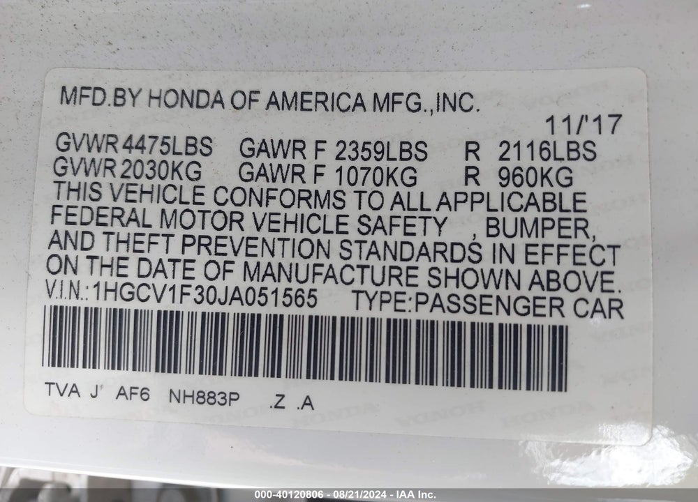 2018 HONDA ACCORD SPORT VIN: 1HGCV1F30JA051565