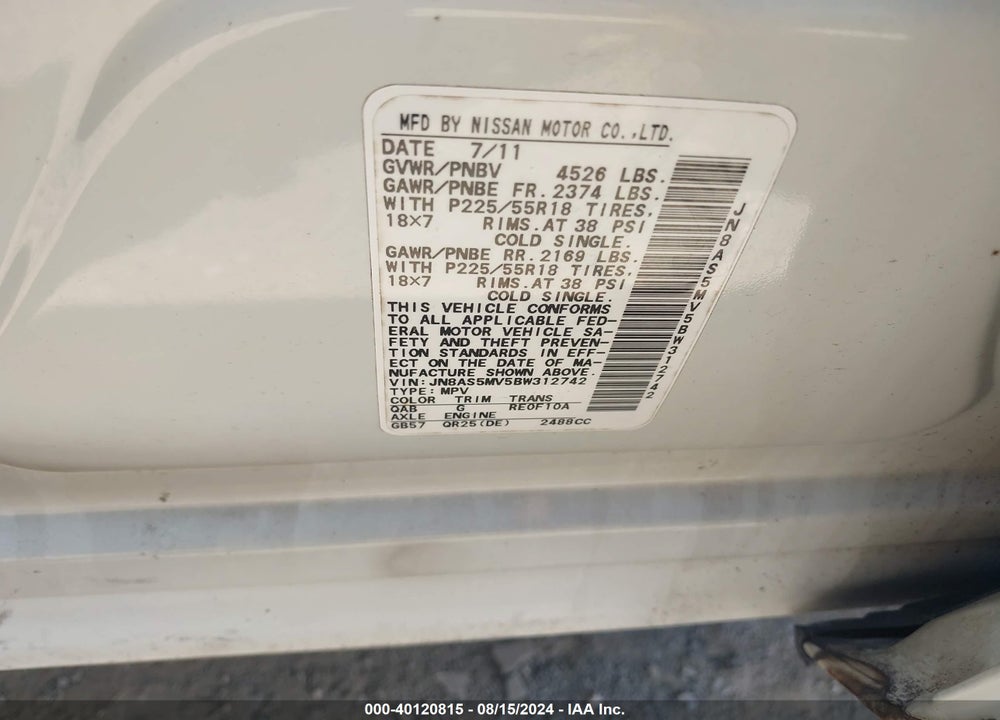 2011 NISSAN ROGUE VIN: JN8AS5MV5BW312742