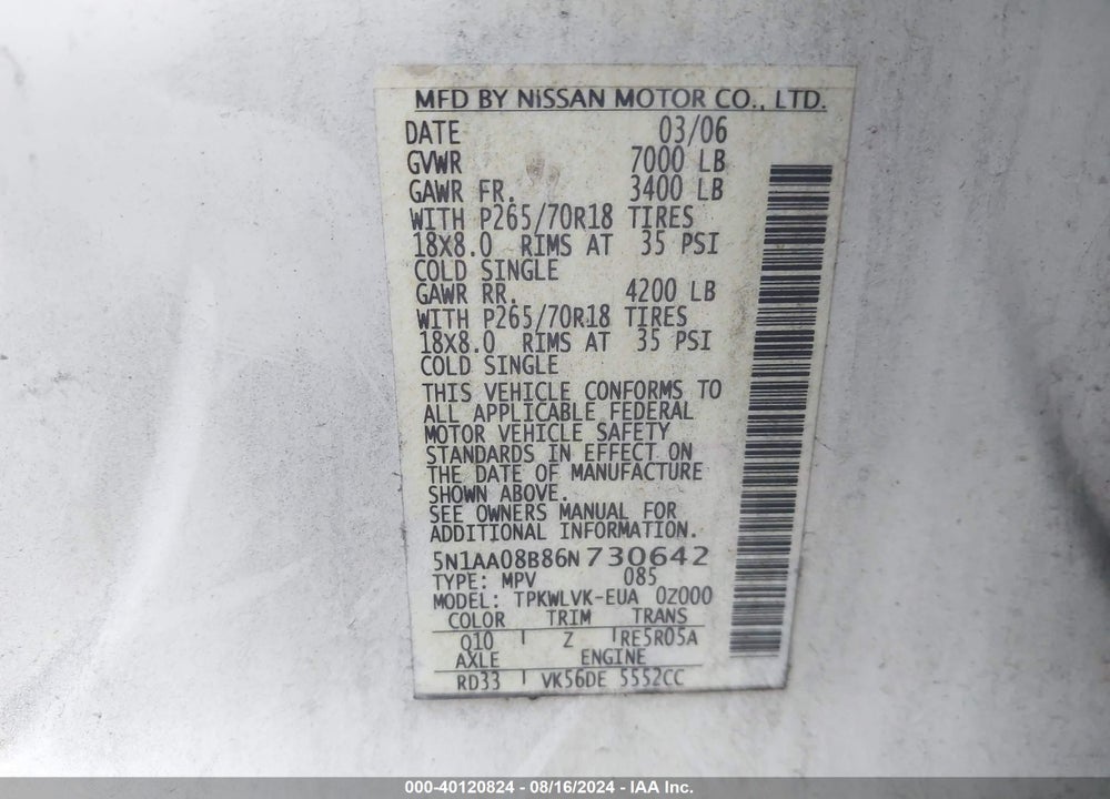 2006 NISSAN ARMADA LE VIN: 5N1AA08B86N730642