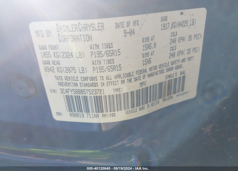 2005 CHRYSLER PT CRUISER TOURING VIN: 3C4FY58B85T523721