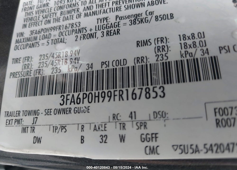 2015 FORD FUSION SE VIN: 3FA6P0H99FR167853