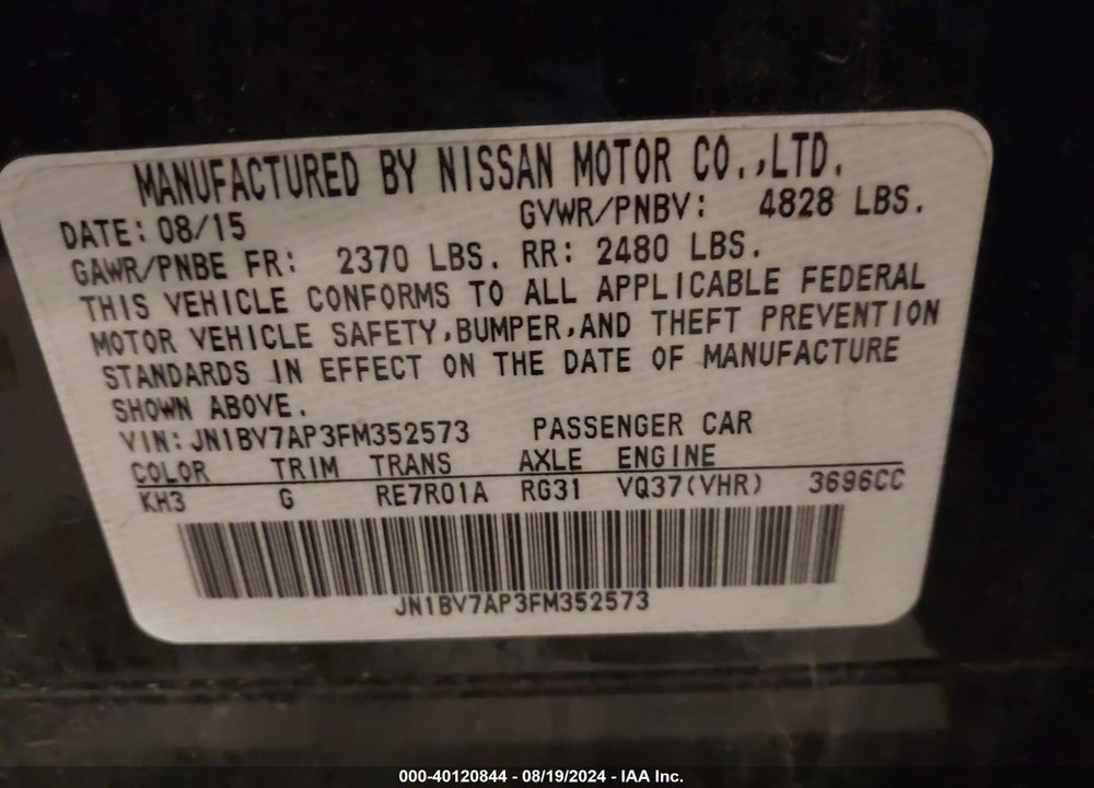2015 INFINITI Q50 PREMIUM VIN: JN1BV7AP3FM352573