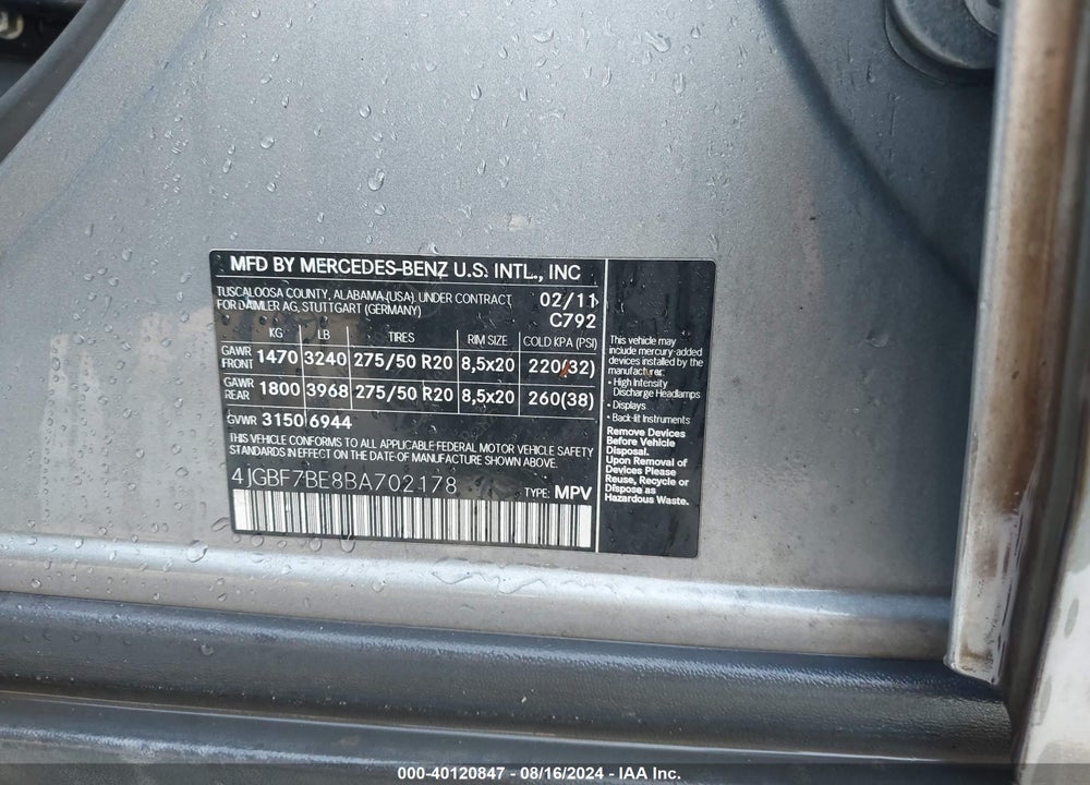 2011 MERCEDES-BENZ GL 450 4MATIC VIN: 4JGBF7BE8BA702178
