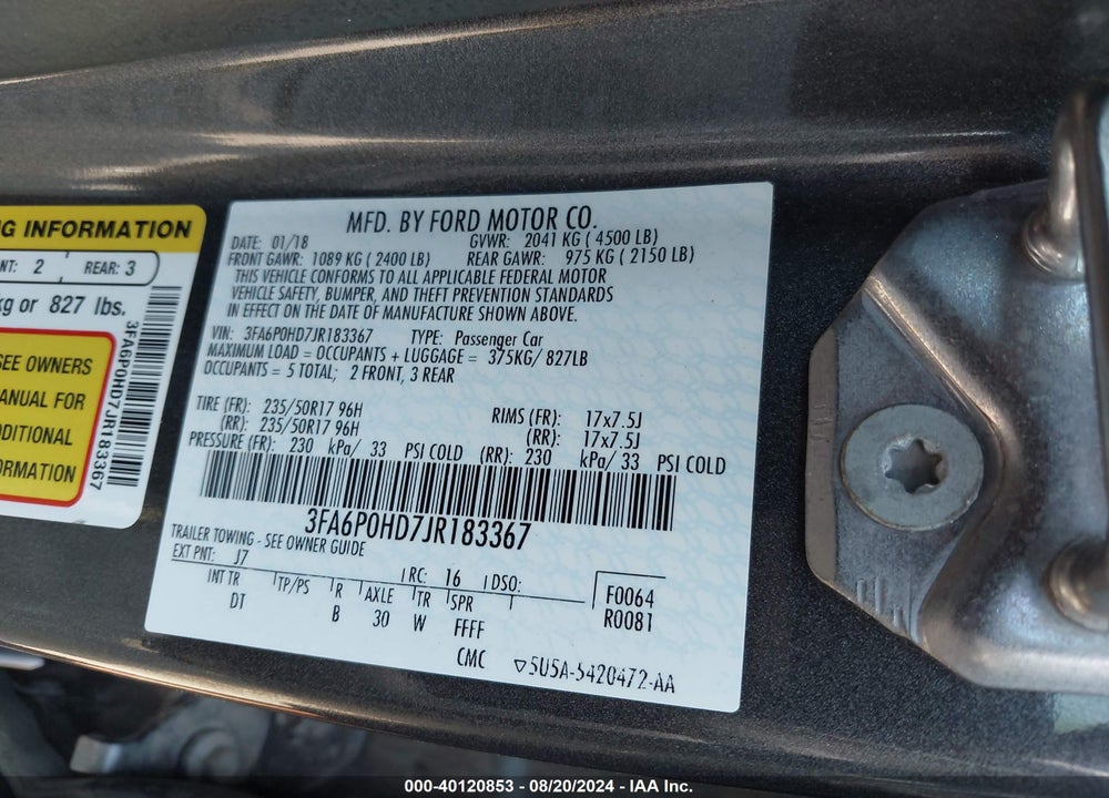 2018 FORD FUSION VIN: 3FA6P0HD7JR183367