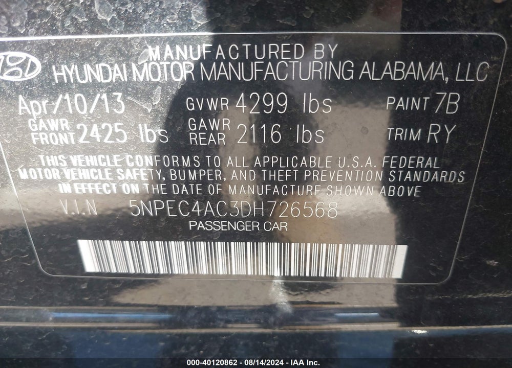 2013 HYUNDAI SONATA LIMITED VIN: 5NPEC4AC3DH726568