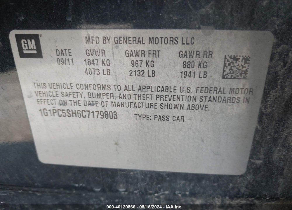 2012 CHEVROLET CRUZE VIN: 1G1PC5SH6C7179803