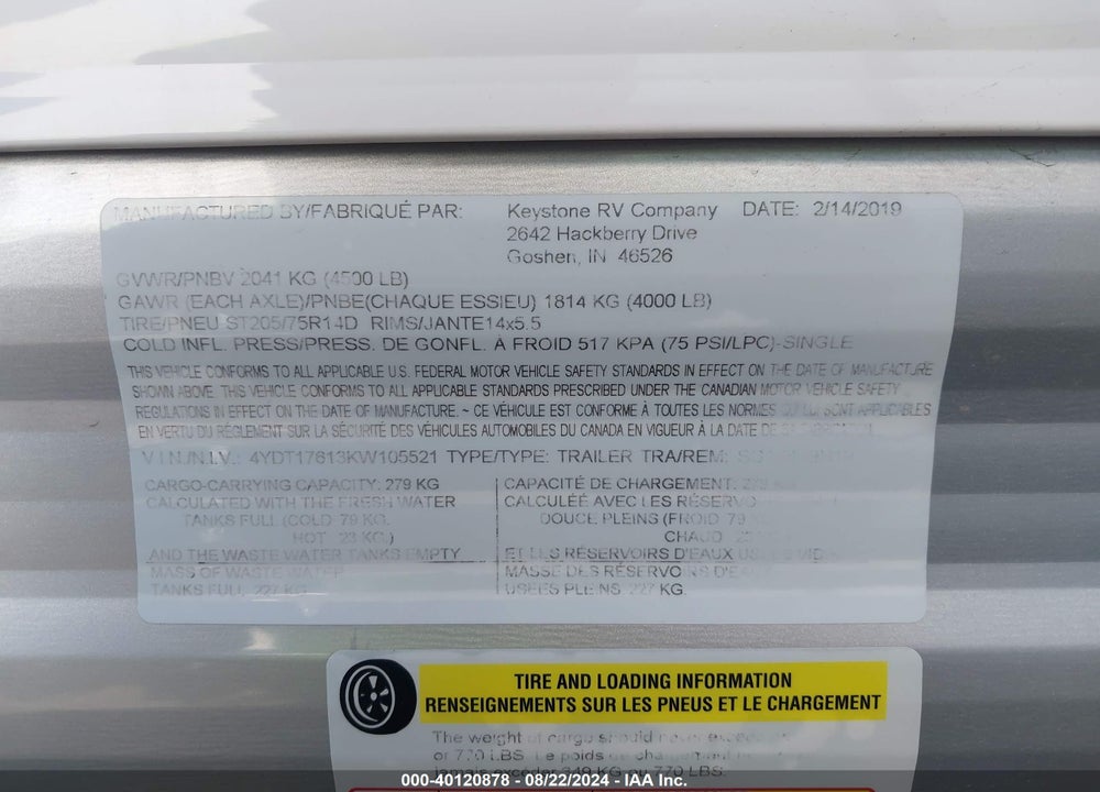2019 KEYSTONE SPNR1760BH VIN: 4YDT17613KW105521