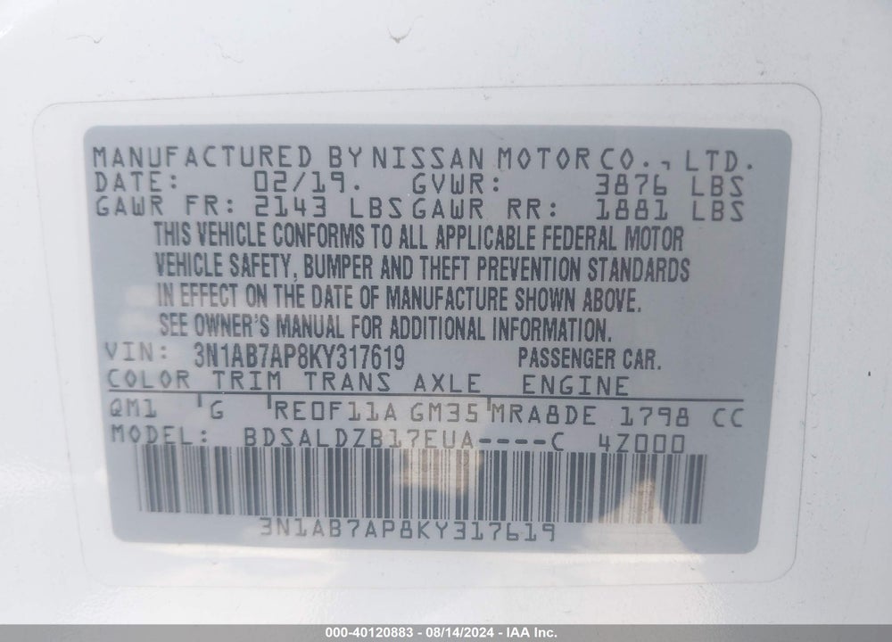 2019 NISSAN SENTRA SV VIN: 3N1AB7AP8KY317619