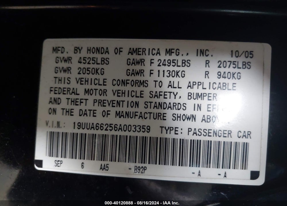 2006 ACURA TL VIN: 19UUA66256A003359