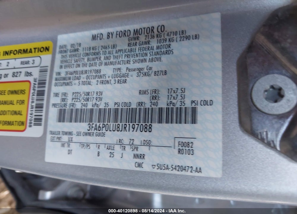 2018 FORD FUSION HYBRID SE VIN: 3FA6P0LU8JR197088