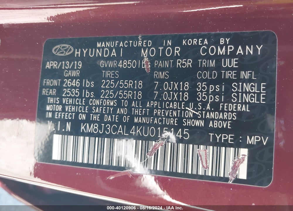 2019 HYUNDAI TUCSON VIN: KM8J3CAL4KU015145
