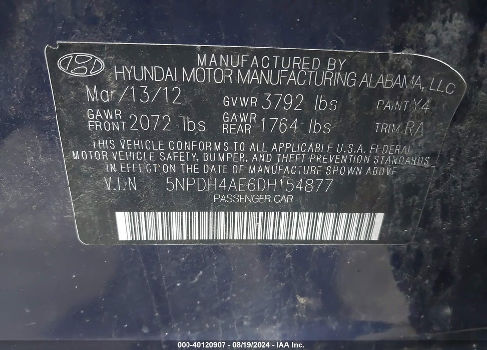 2013 HYUNDAI ELANTRA GLS VIN: 5NPDH4AE6DH154877