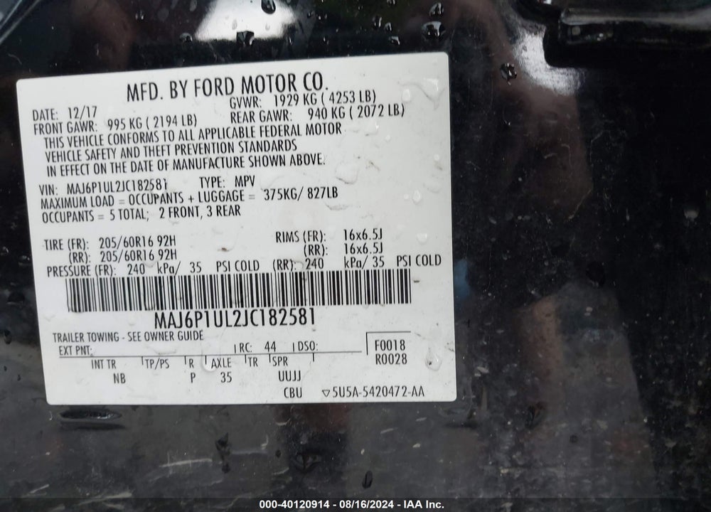 2018 FORD ECOSPORT SE VIN: MAJ6P1UL2JC182581