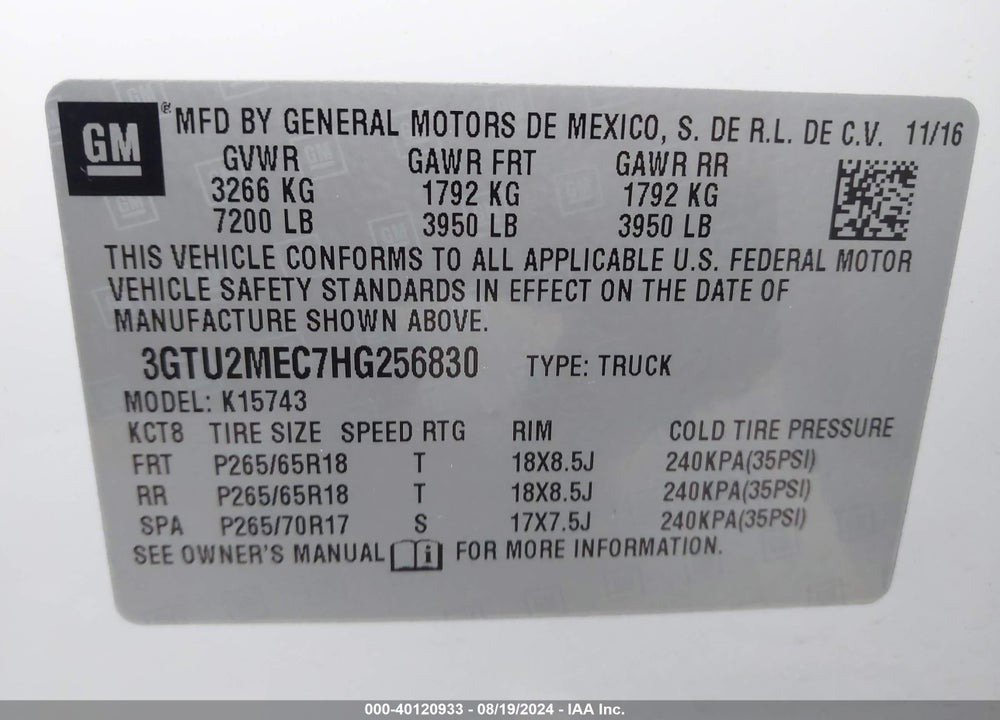 2017 GMC SIERRA 1500 SLE VIN: 3GTU2MEC7HG256830