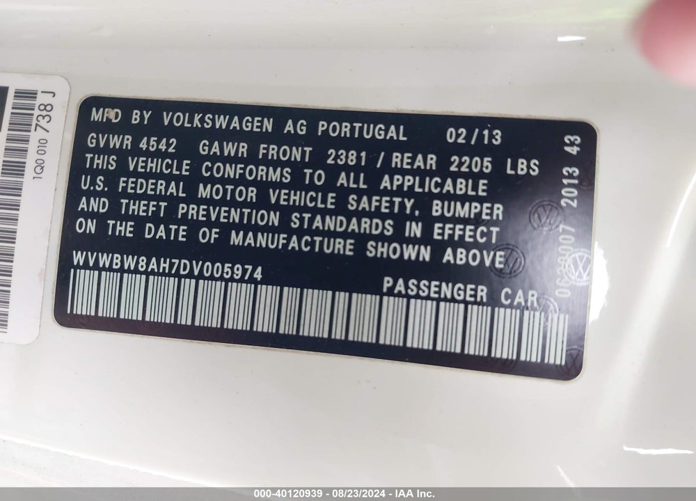2013 VOLKSWAGEN EOS SPORT VIN: WVWBW8AH7DV005974