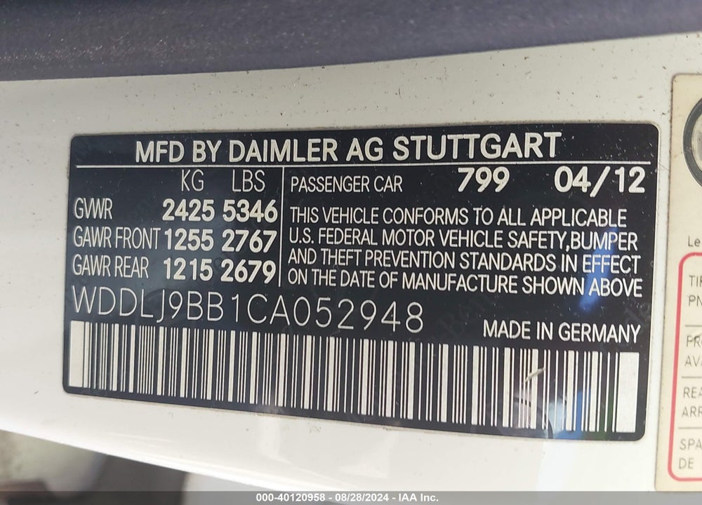 2012 MERCEDES-BENZ CLS 550 4MATIC VIN: WDDLJ9BB1CA052948
