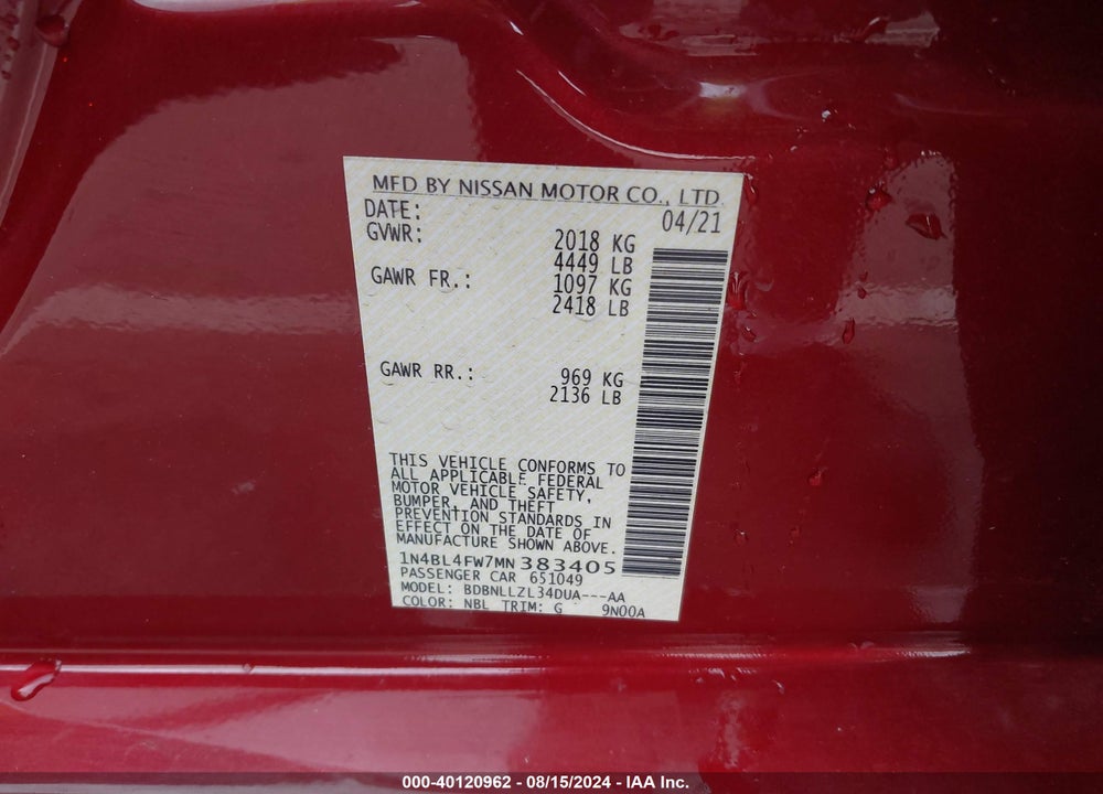 2021 NISSAN ALTIMA VIN: 1N4BL4FW7MN383405