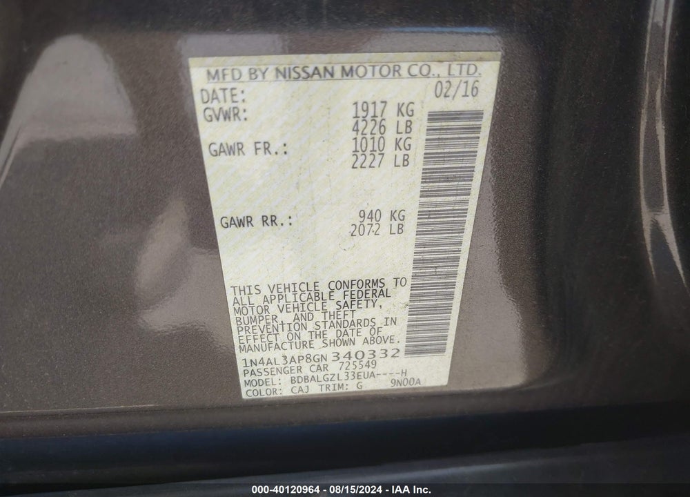 2016 NISSAN ALTIMA 2.5 S VIN: 1N4AL3AP8GN340332