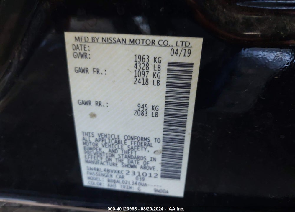2019 NISSAN ALTIMA 2.5 S VIN: 1N4BL4BVXKC231012