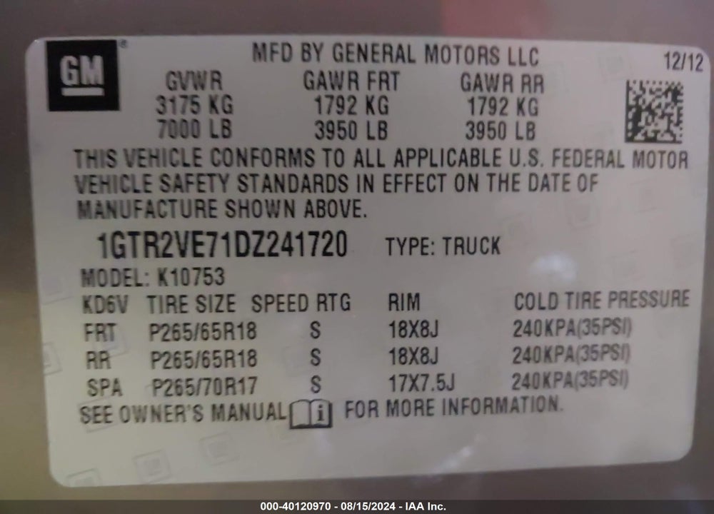 2013 GMC SIERRA 1500 SLE VIN: 1GTR2VE71DZ241720