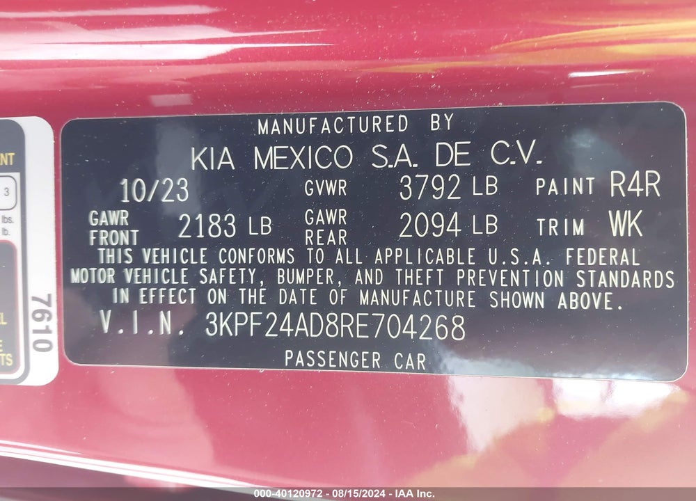 2024 KIA FORTE LXS VIN: 3KPF24AD8RE704268