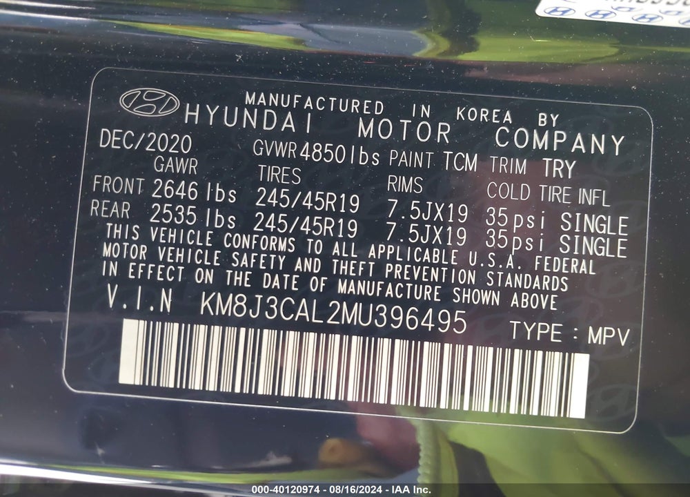 2021 HYUNDAI TUCSON SPORT VIN: KM8J3CAL2MU396495