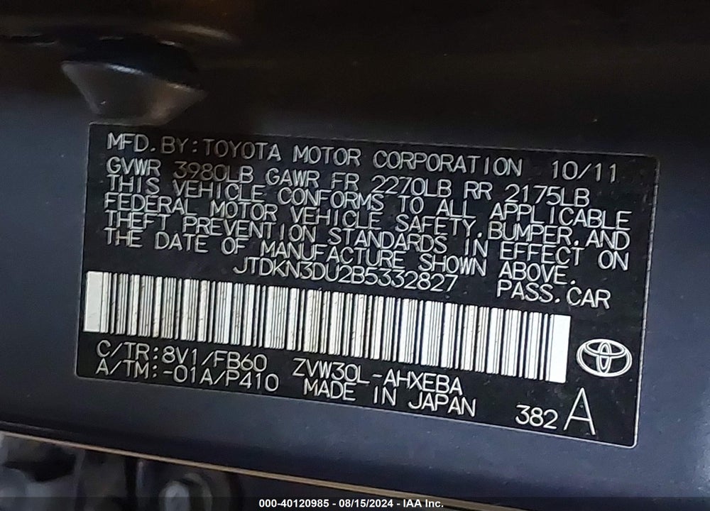 2011 TOYOTA PRIUS VIN: JTDKN3DU2B5332827