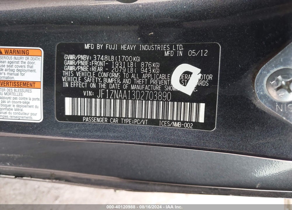 2013 SCION FR-S VIN: JF1ZNAA13D2703890