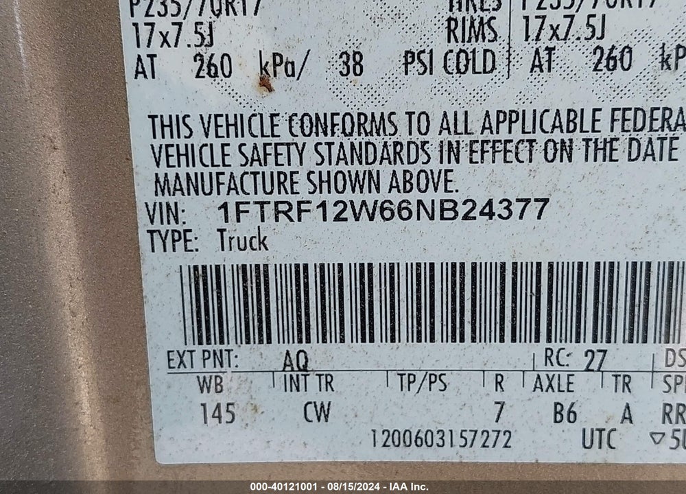 2006 FORD F-150 STX/XL/XLT VIN: 1FTRF12W66NB24377