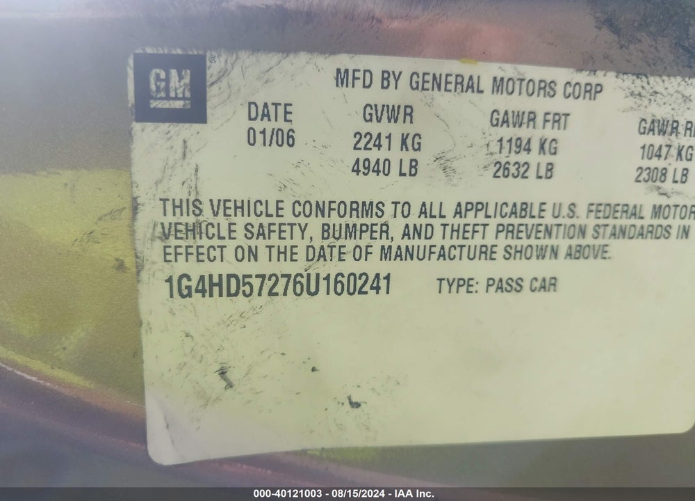 2006 BUICK LUCERNE CXL VIN: 1G4HD57276U160241