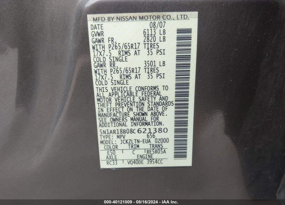 2008 NISSAN PATHFINDER SE VIN: 5N1AR18B08C621380