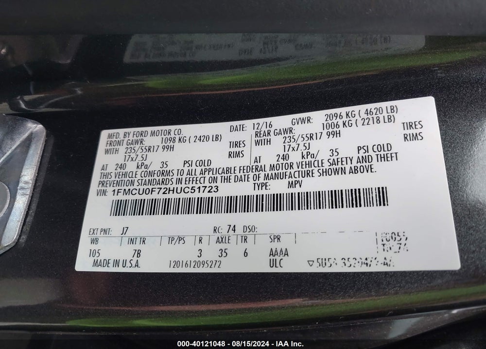 2017 FORD ESCAPE S VIN: 1FMCU0F72HUC51723