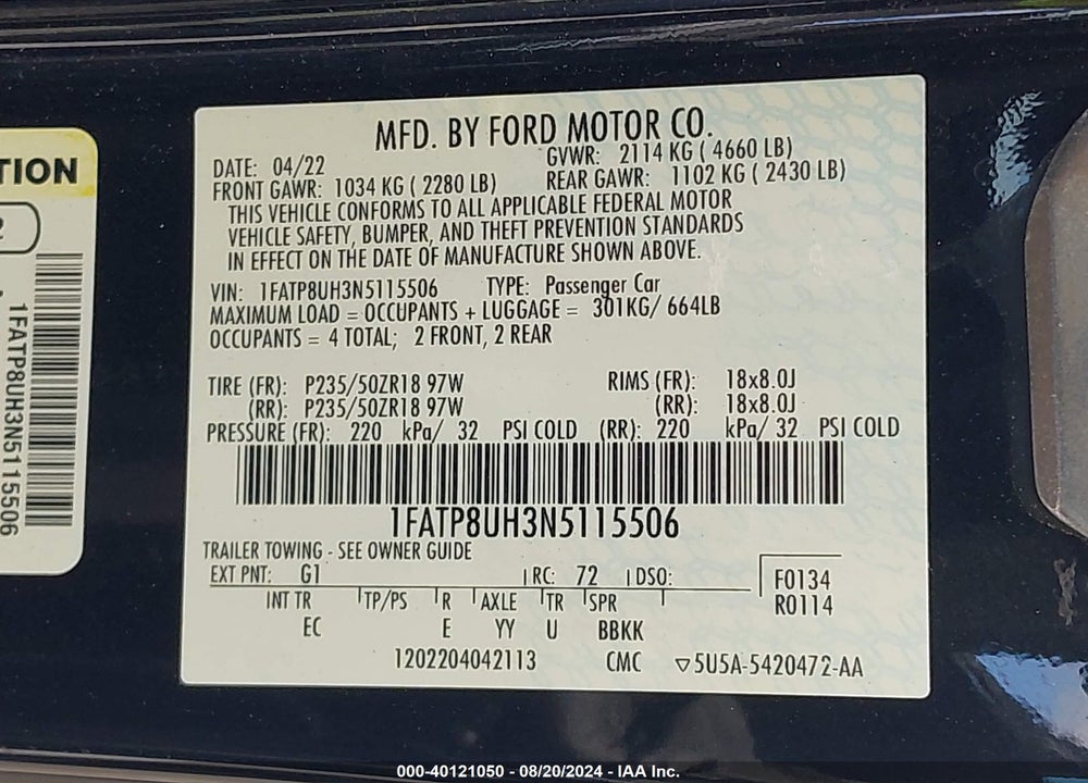 2022 FORD MUSTANG ECOBOOST PREMIUM VIN: 1FATP8UH3N5115506