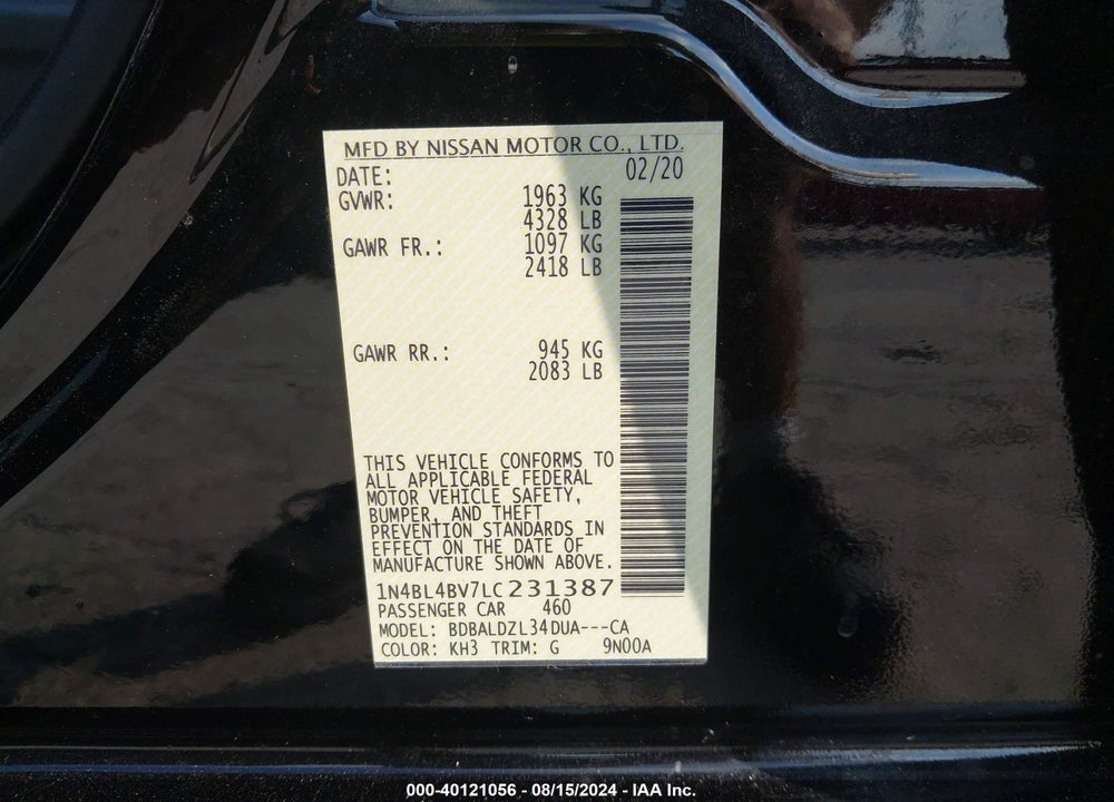 2020 NISSAN ALTIMA S FWD VIN: 1N4BL4BV7LC231387