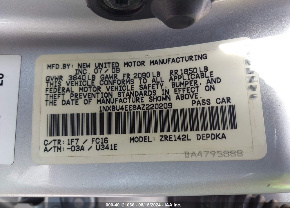 2010 TOYOTA COROLLA LE VIN: 1NXBU4EE8AZ220209