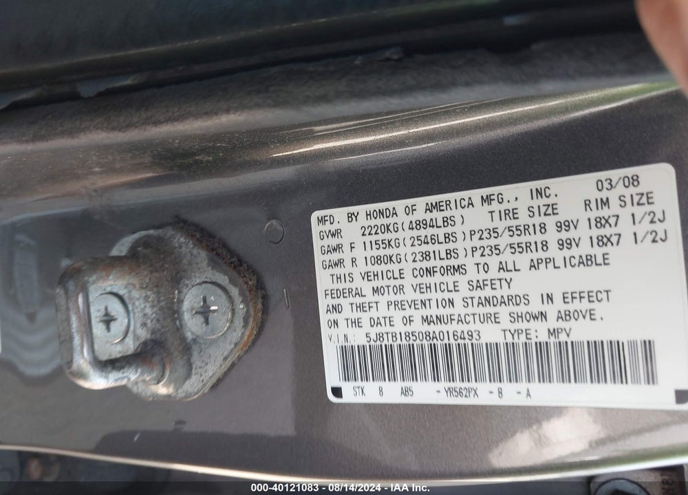 2008 ACURA RDX VIN: 5J8TB18508A016493