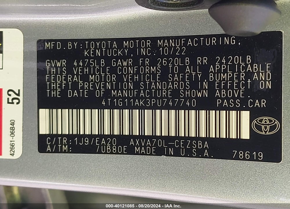 2023 TOYOTA CAMRY SE VIN: 4T1G11AK3PU747740