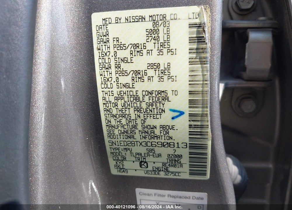2003 NISSAN XTERRA XE VIN: 5N1ED28TX3C690813
