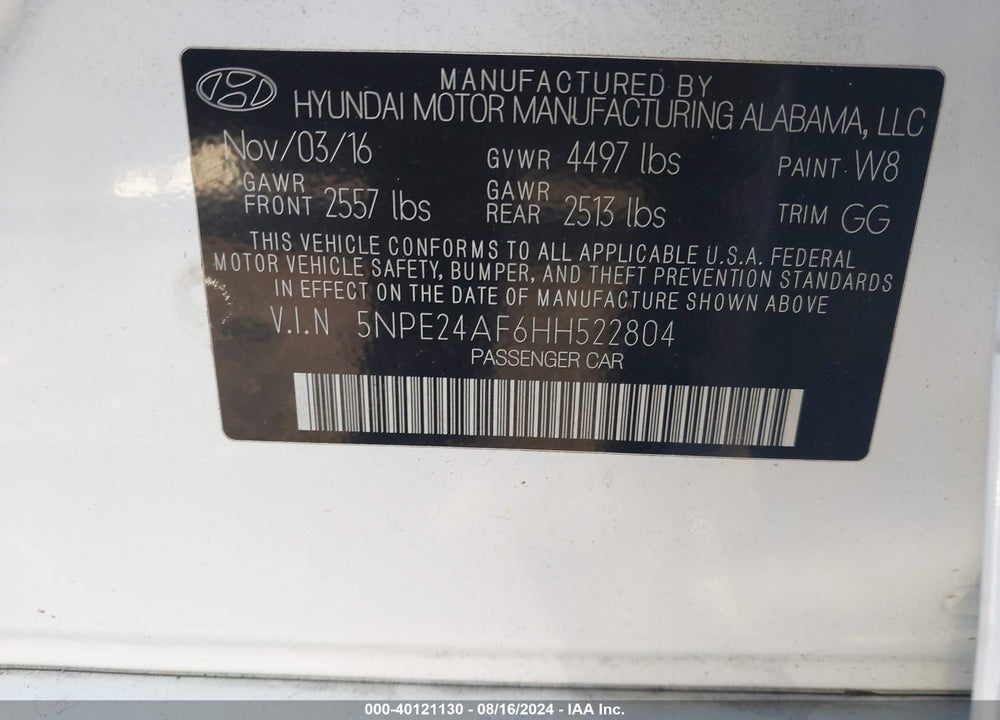 2017 HYUNDAI SONATA VIN: 5NPE24AF6HH522804