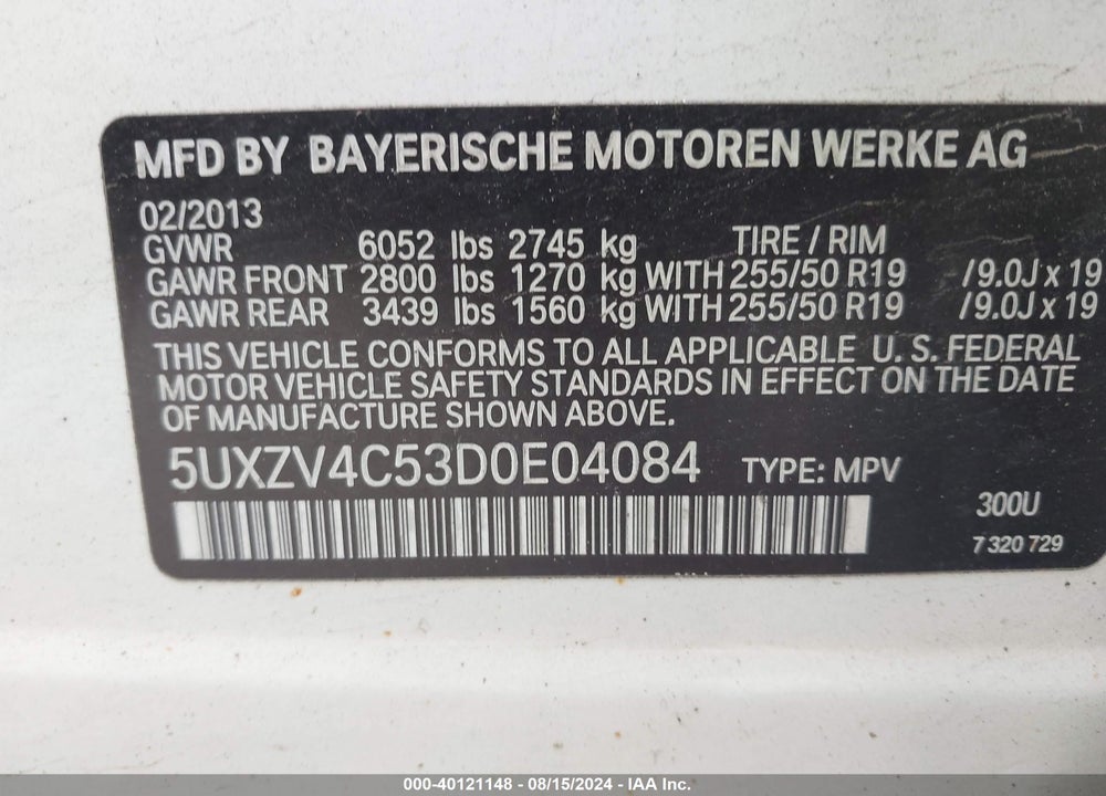 2013 BMW X5 XDRIVE35I/XDRIVE35I PREMIUM/XDRIVE35I SPORT ACTIVITY VIN: 5UXZV4C53D0E04084