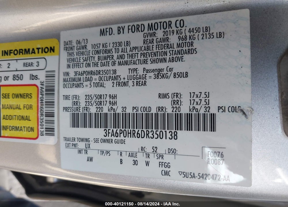 2013 FORD FUSION SE VIN: 3FA6P0HR6DR350138