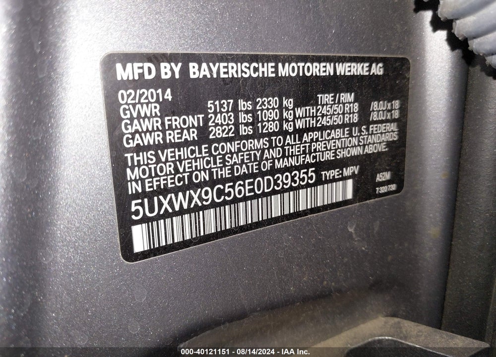 2014 BMW X3 XDRIVE28I VIN: 5UXWX9C56E0D39355